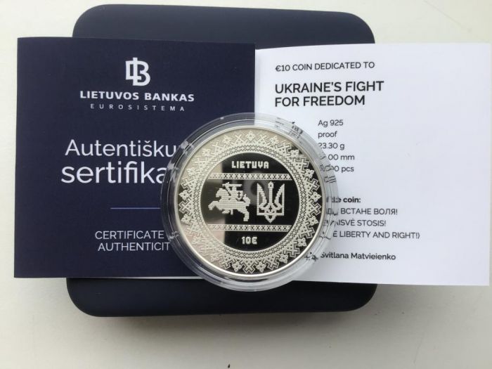Срібна монета «Україна бореться за свободу» Литва 10 евро, 2022